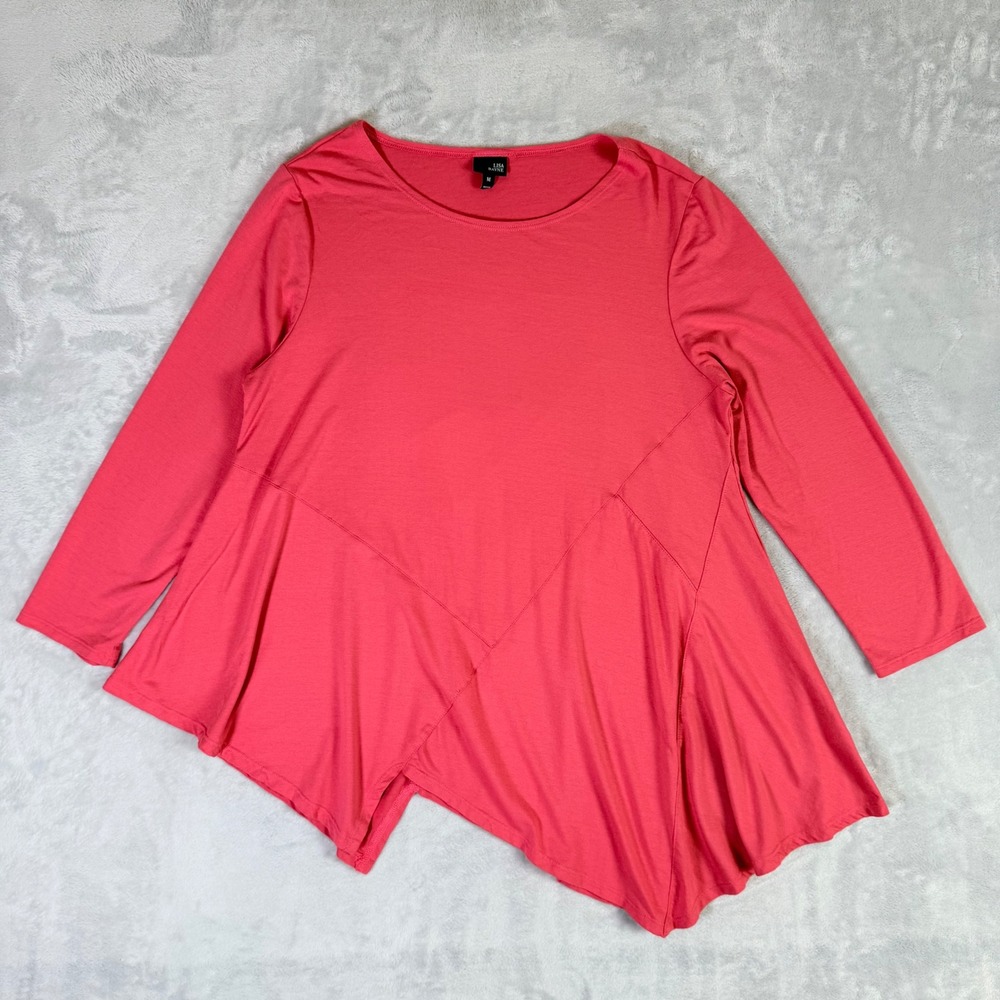 Lisa Bayne Tunic Top Womens Medium Coral Pink Asymmetrical Hem Quiet Luxury